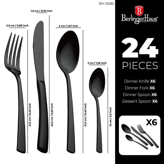 Stainless Steel Cutlery Set – Black Mirror Edition (24 pcs)