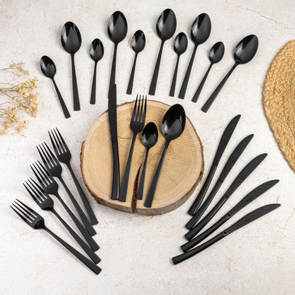 Stainless Steel Cutlery Set – Black Mirror Edition (24 pcs)